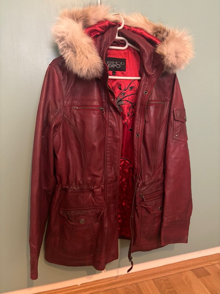 kırmızı Kadın Deri Ceket, Kürk Detaylı - Görsel 2
