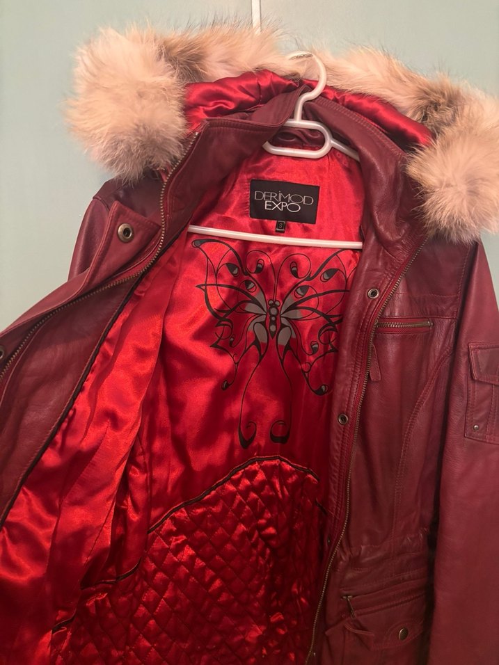 kırmızı Kadın Deri Ceket, Kürk Detaylı - Görsel 5