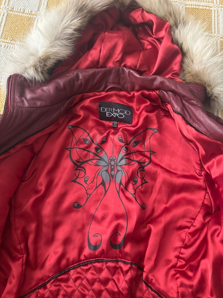 kırmızı Kadın Deri Ceket, Kürk Detaylı - Görsel 3