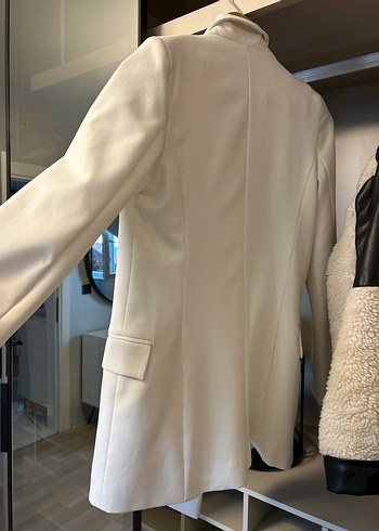 Düğmeli Beyaz Midi Kadın Blazer Ceket - Görsel 3