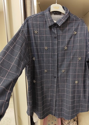 Gri Kareli Düğmeli Kot Gömlek - Görsel 2