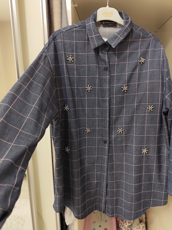 Gri Kareli Düğmeli Kot Gömlek - Görsel 2