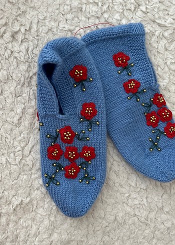 Nakışlı Mavi Kadın Örgü patik çorap