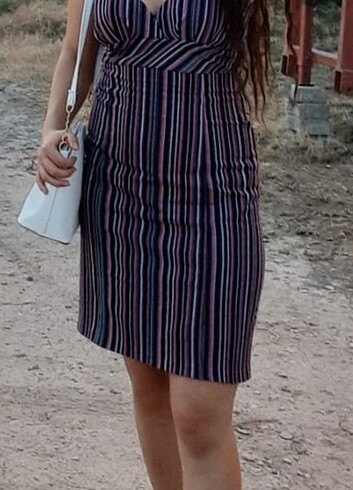 Siyah pembe beyaz gri Çizgili mini elbise ADL
