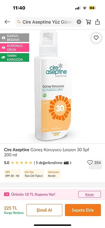  Beden Renk Cire aseptine güneş koruyucu