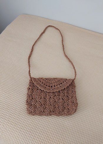 Beden camel Renk Bej Örgü Dantel Detaylı Bohem Kadın Çanta