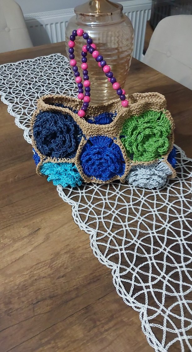 Boncuklu Renkli Örgü Çiçekli Kadın Çanta - Görsel 3