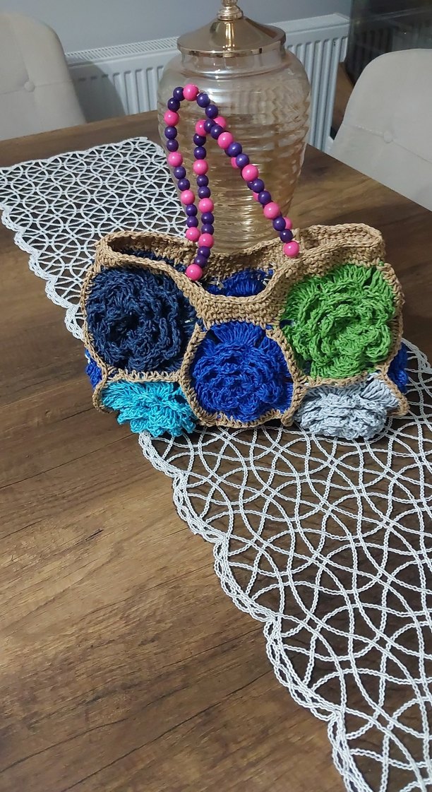 Boncuklu Renkli Örgü Çiçekli Kadın Çanta - Görsel 2