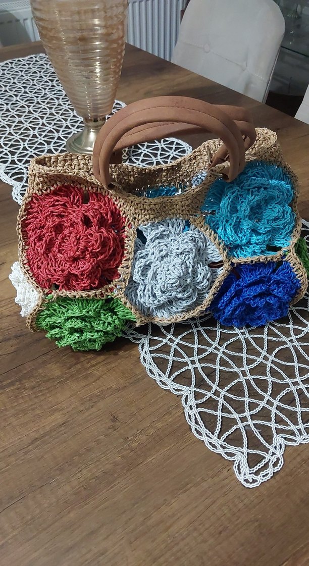 Renkli Çiçekli Örgü Bohem Kadın Çantası - Görsel 3