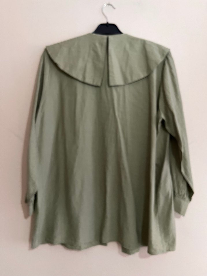 Kadın Haki Keten Uzun Kollu bebe yaka Gömlek - Görsel 2