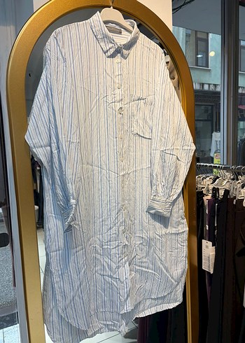 Çizgili Gri Beyaz Keten Uzun Kollu Gömlek - Görsel 2