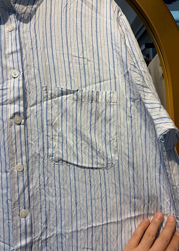 Çizgili Gri Beyaz Keten Uzun Kollu Gömlek - Görsel 3