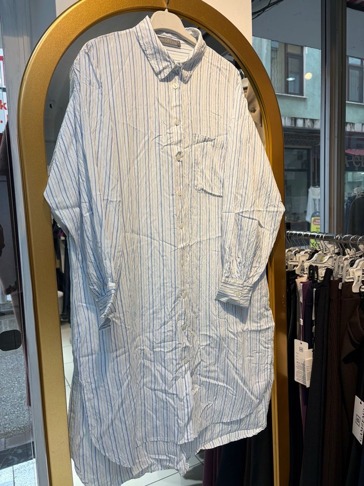 Çizgili Gri Beyaz Keten Uzun Kollu Gömlek - Görsel 2