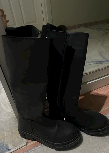 37 Beden Siyah Deri Diz Üstü Stiletto Topuklu Bot