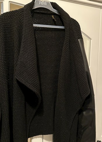 Siyah Örgü Kadın Hırka kolları deri - Görsel 5