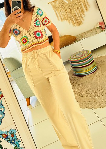 Örgü V Yakalı Bohem Örgü Crop Top - Görsel 18