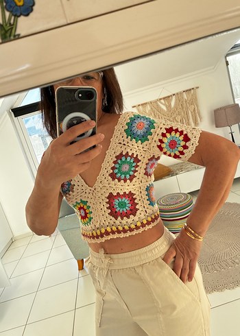 Örgü V Yakalı Bohem Örgü Crop Top - Görsel 12