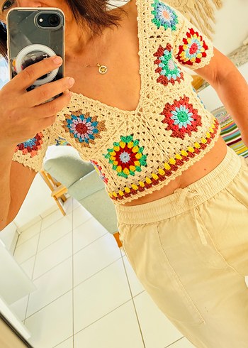 Örgü V Yakalı Bohem Örgü Crop Top - Görsel 13