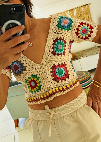 Örgü V Yakalı Bohem Örgü Crop Top - Görsel 16