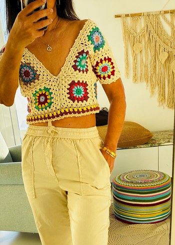 Örgü V Yakalı Bohem Örgü Crop Top - Görsel 4