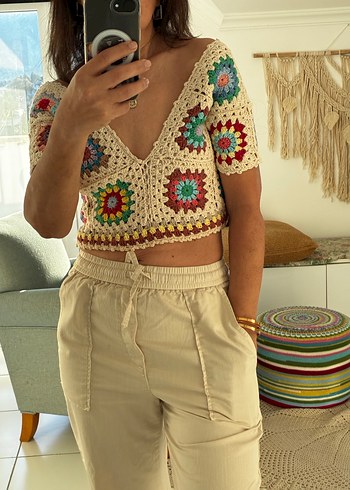 Örgü V Yakalı Bohem Örgü Crop Top - Görsel 6