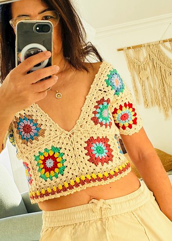 Örgü V Yakalı Bohem Örgü Crop Top - Görsel 14