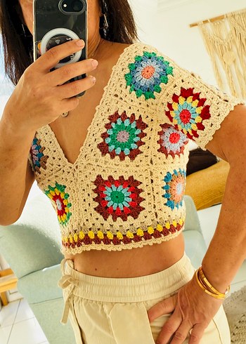 Örgü V Yakalı Bohem Örgü Crop Top - Görsel 10