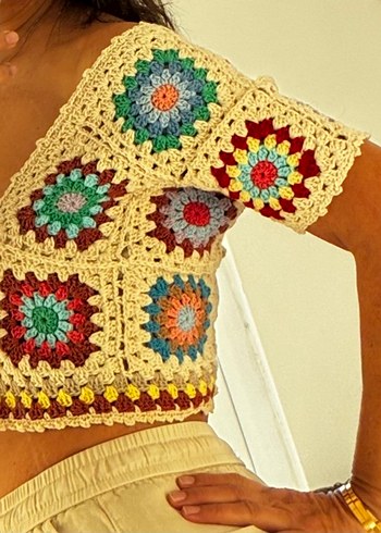 Örgü V Yakalı Bohem Örgü Crop Top - Görsel 8