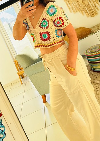 Örgü V Yakalı Bohem Örgü Crop Top - Görsel 17