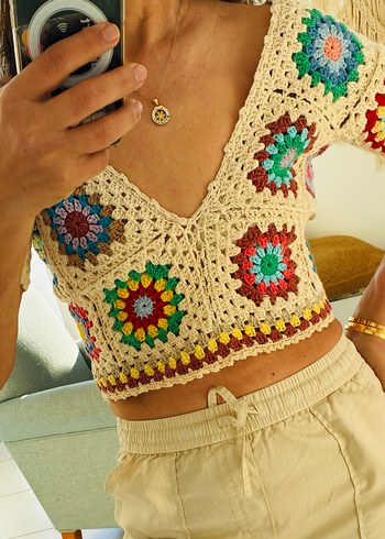 Örgü V Yakalı Bohem Örgü Crop Top - Görsel 9