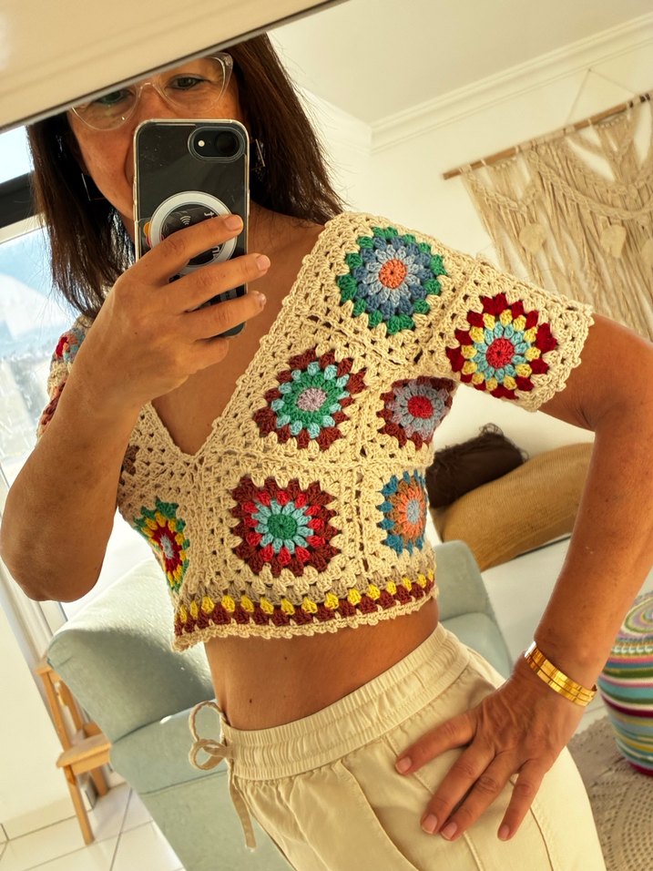 Örgü V Yakalı Bohem Örgü Crop Top - Görsel 3