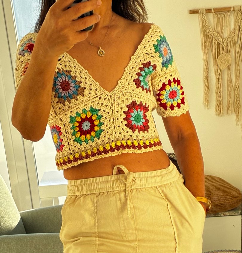 Örgü V Yakalı Bohem Örgü Crop Top - Görsel 5