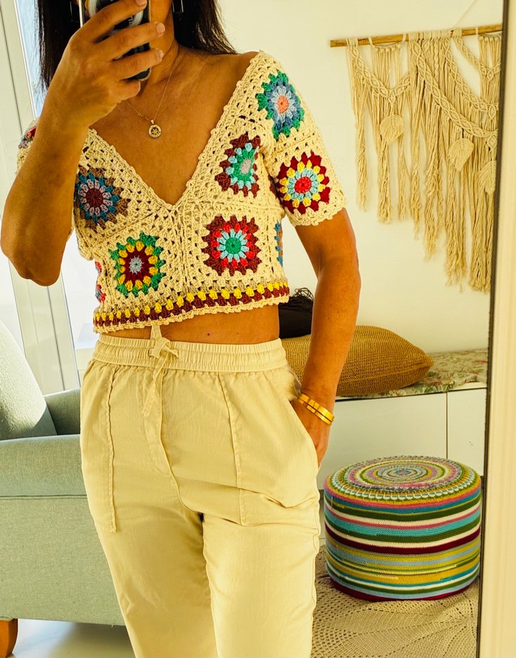 Örgü V Yakalı Bohem Örgü Crop Top - Görsel 4