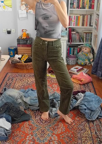 36 Beden H&M Yeşil Fitilli Kadife Pantolon