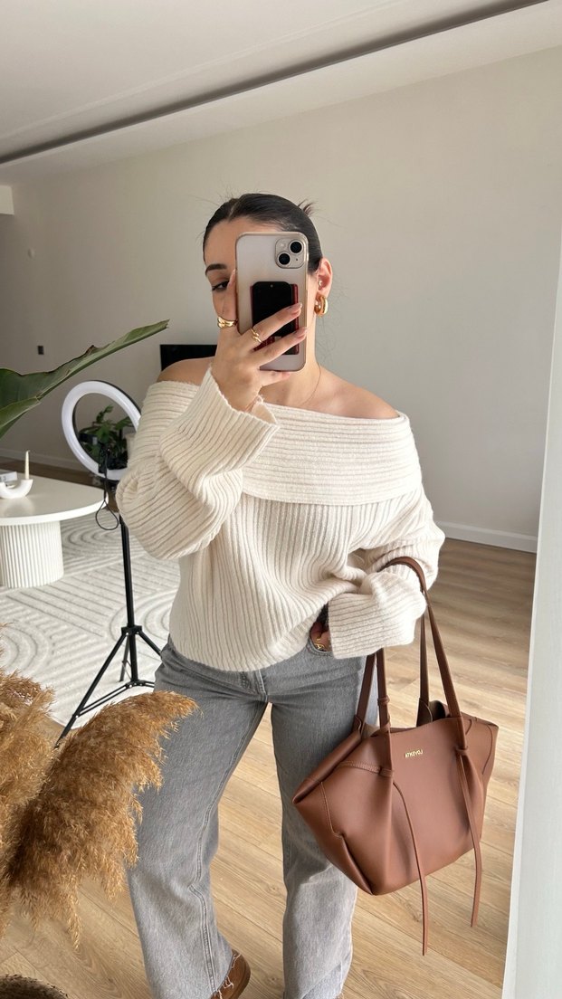 Gri Straplez Uzun Kollu Triko Kazak - Görsel 2