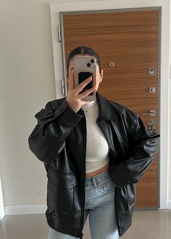 Siyah Deri Midi Ceket Yüksek Yakalı - Görsel 2