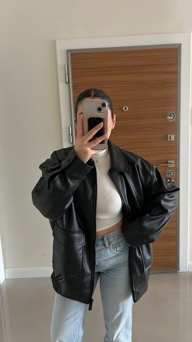 Siyah Deri Midi Ceket Yüksek Yakalı - Görsel 2