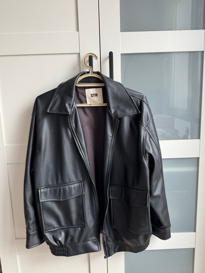 Siyah Deri Midi Ceket Yüksek Yakalı - Görsel 3