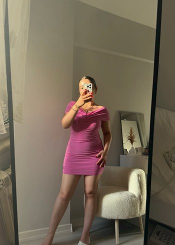 Holly lolly Pembe V Yaka Midi Kısa Kollu Elbise - Görsel 2