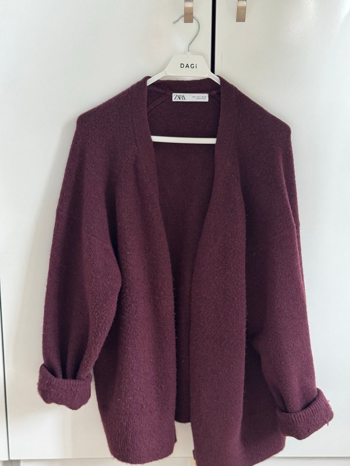 Bordo Düğmeli Yün Kadın Hırka - Görsel 2