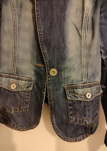 Düğmeli Kadın Kot Ceket, Normal Boy, Koyu mavi - Görsel 4