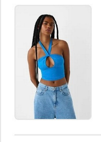 Mavi Bağlamalı Halter Yaka Crop Top