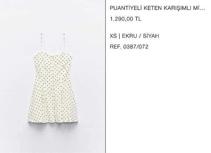xs Beden beyaz Renk Zara puantiyeli mini elbise