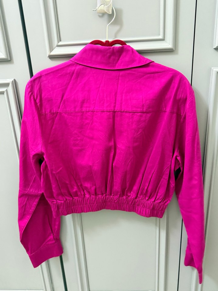 Pembe Düğmeli Uzun Kollu Keten Gömlek - Görsel 2