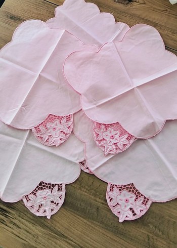 5 parça Nakışlı Vintage Pembe Vitrin Örtüsü