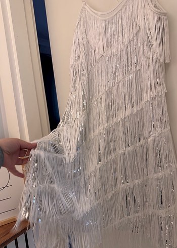 Püsküllü Bohem Uzun Beyaz Abiye Elbise - Görsel 2