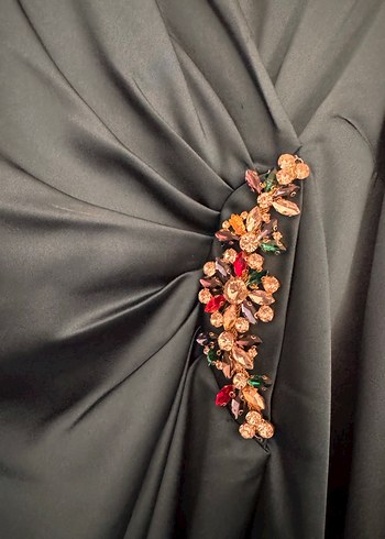 Uzun Kollu Turkuaz Drapeli Abiye Elbise - Görsel 3