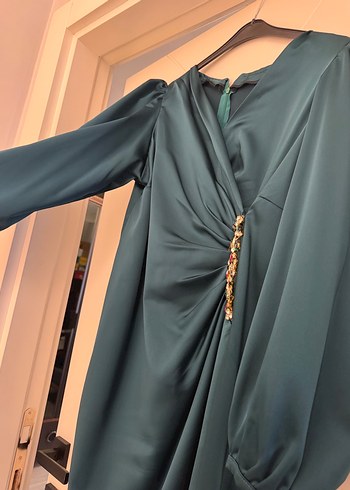 Uzun Kollu Turkuaz Drapeli Abiye Elbise - Görsel 2