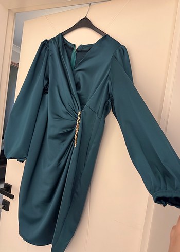 Uzun Kollu Turkuaz Drapeli Abiye Elbise - Görsel 5