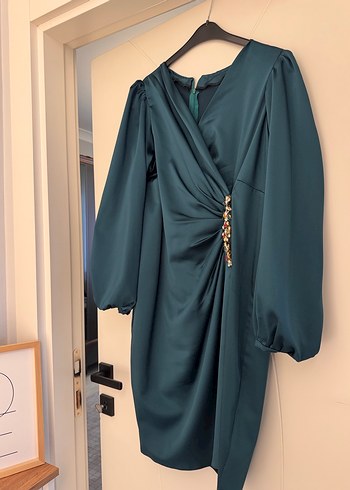 Uzun Kollu Turkuaz Drapeli Abiye Elbise - Görsel 6